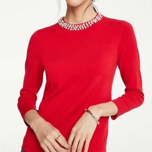 Ann Taylor Womens Red Sweater XS Crystal Jewelled Festive Valentine Preppy Date